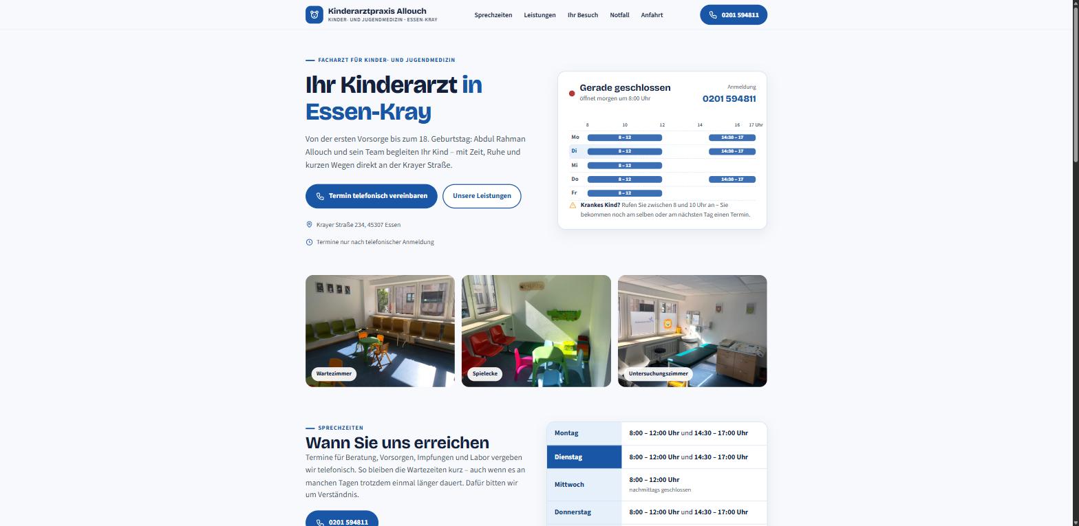 Die Startseite der Kinderarztpraxis Allouch: Live-Status, Sprechzeiten, Anrufknopf